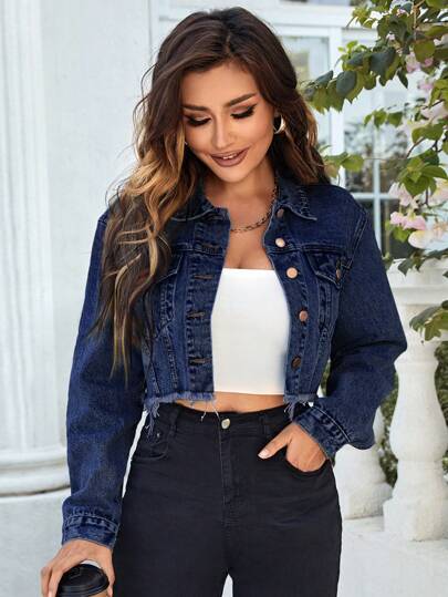 EMERY ROSE 翻蓋細節毛邊短款牛仔夾克