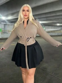SHEIN SXY 大碼雙排釦腰帶風衣外套 - 杏色 - 查看 5