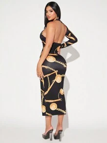 SHEIN SXY Vestido ajustado con estampado de cadena de cuello asimétrico - Multicolor - Ver 2