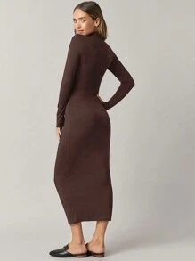 EURMUSE Mock Neck Bodycon Dress - Coffee Brown - View 2