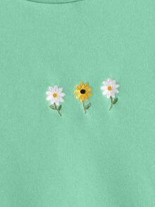 Flirla Plus Size Floral Embroidery Round Neck Pullover Sweatshirt - Green - View 4