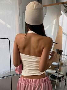 DAZY Button Front Backless Halter Top - Apricot - View 4