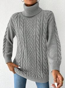 SHEIN Jersey cuello alto tejido de cable de hombros caídos