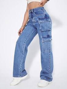 SHEIN ICON 側翻蓋口袋工裝牛仔褲 - 中等水洗藍 - 查看 5