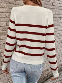 SHEIN LUNE 秋冬条纹插肩袖毛衣 - 紅色 - 查看 3