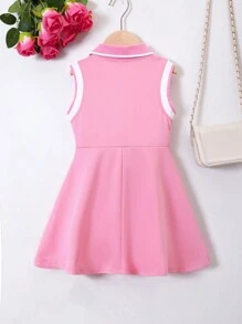 SHEIN Young Girl Heart Print Colorblock Trimmed Collared Polo Neck Princess Dress, Suitable For Party And School In Summer Summer Holiday