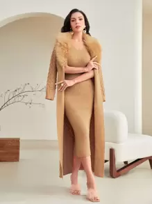 Modelyn Solid Bodycon Sweater Dress & Fuzzy Trim Duster Cardigan 2 Piece Set - Camel - View 3