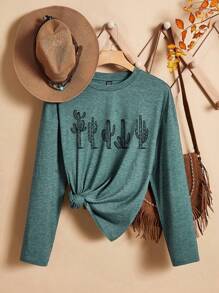 SHEIN LUNE Áo thun nữ in hình hoạt hình đơn giản giản dị, thích hợp cho mùa xuân hè - màu xanh lá - Xem 1