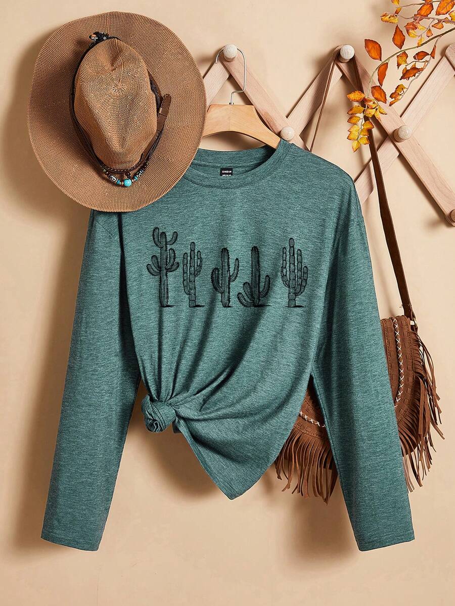 SHEIN LUNE Áo thun nữ in hình hoạt hình đơn giản giản dị, thích hợp cho mùa xuân hè - màu xanh lá - Xem 1