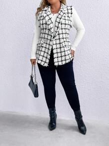 SHEIN LUNE Plus Plaid Pattern Raw Trim Vest Blazer - Black and White - View 1