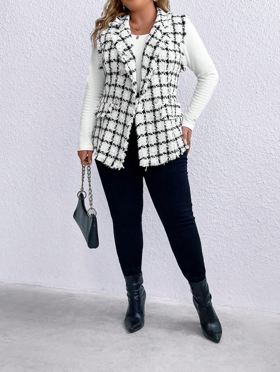 SHEIN LUNE Plus Plaid Pattern Raw Trim Vest Blazer - Black and White - View 1