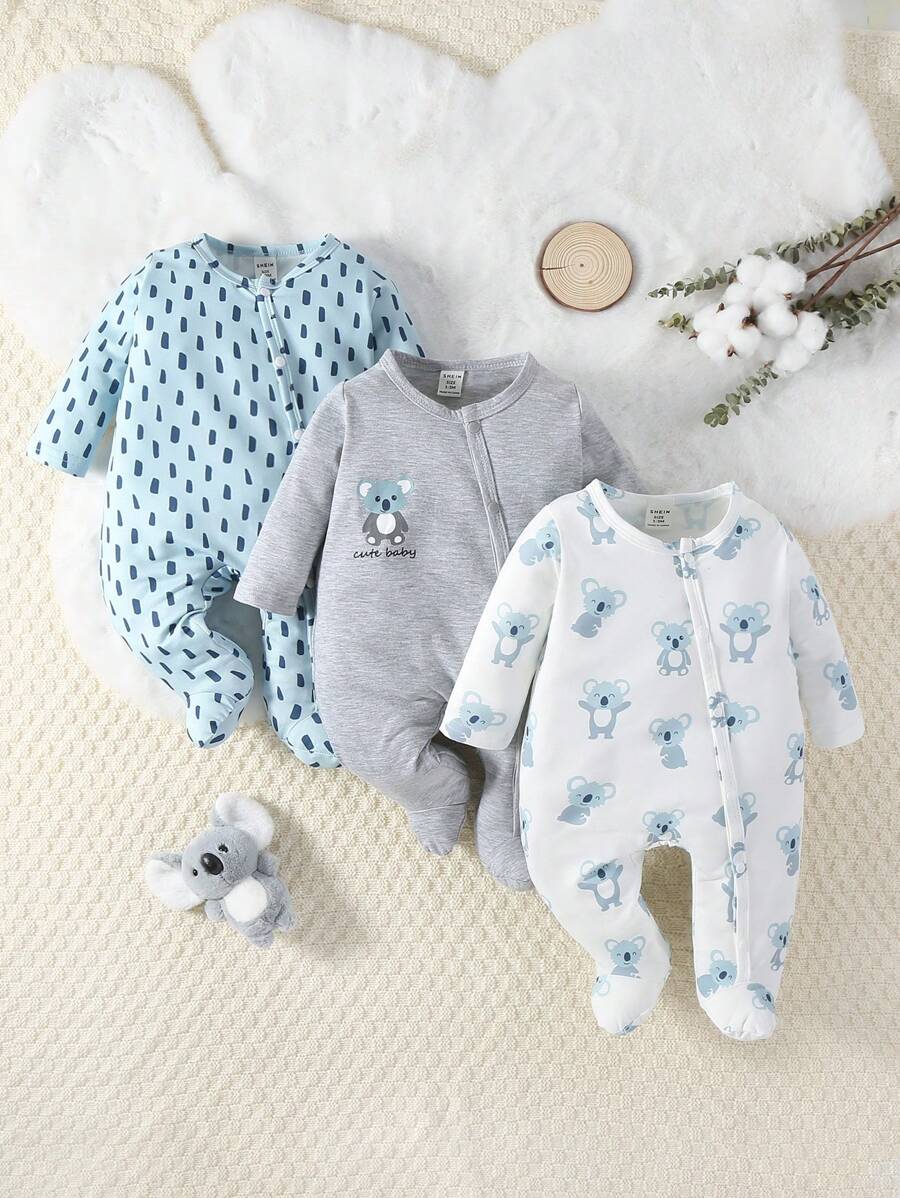 SHEIN Bebé niño 3 piezas Mameluco homewear con estampado de dibujos animados con botón delantero - Multicolor - Ver 1