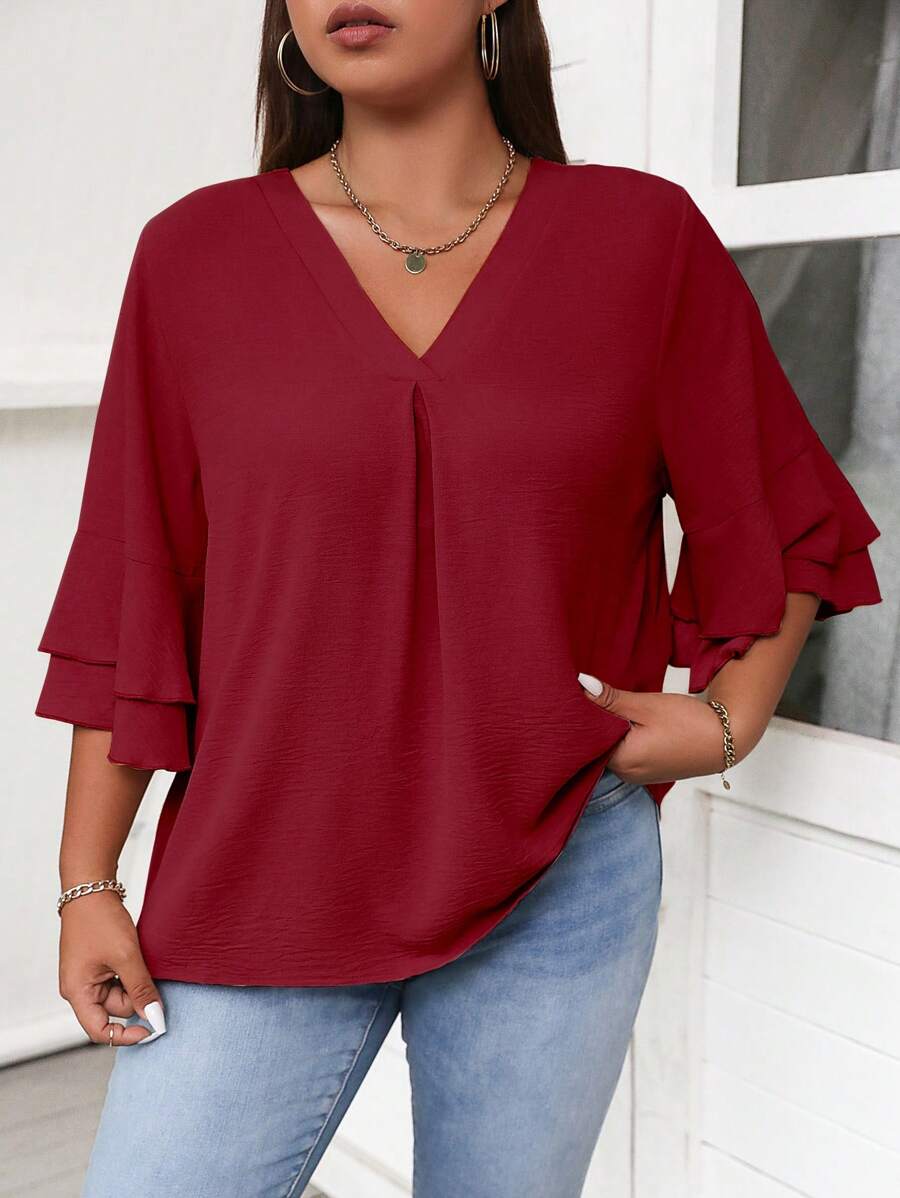 Celure Áo cánh cổ chữ V tay bèo nhún Plus Solid cho quần áo năm mới - Đỏ - Xem 1