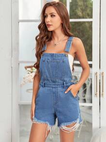 SHEIN ICON 女士牛仔背帶褲 & 連體褲 - 藍色 - 查看 3