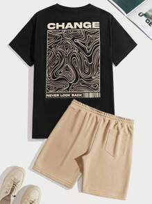 Manfinity VCAY Men Slogan Graphic Tee & Drawstring Waist Shorts Summer Outfit - Khaki - View 1