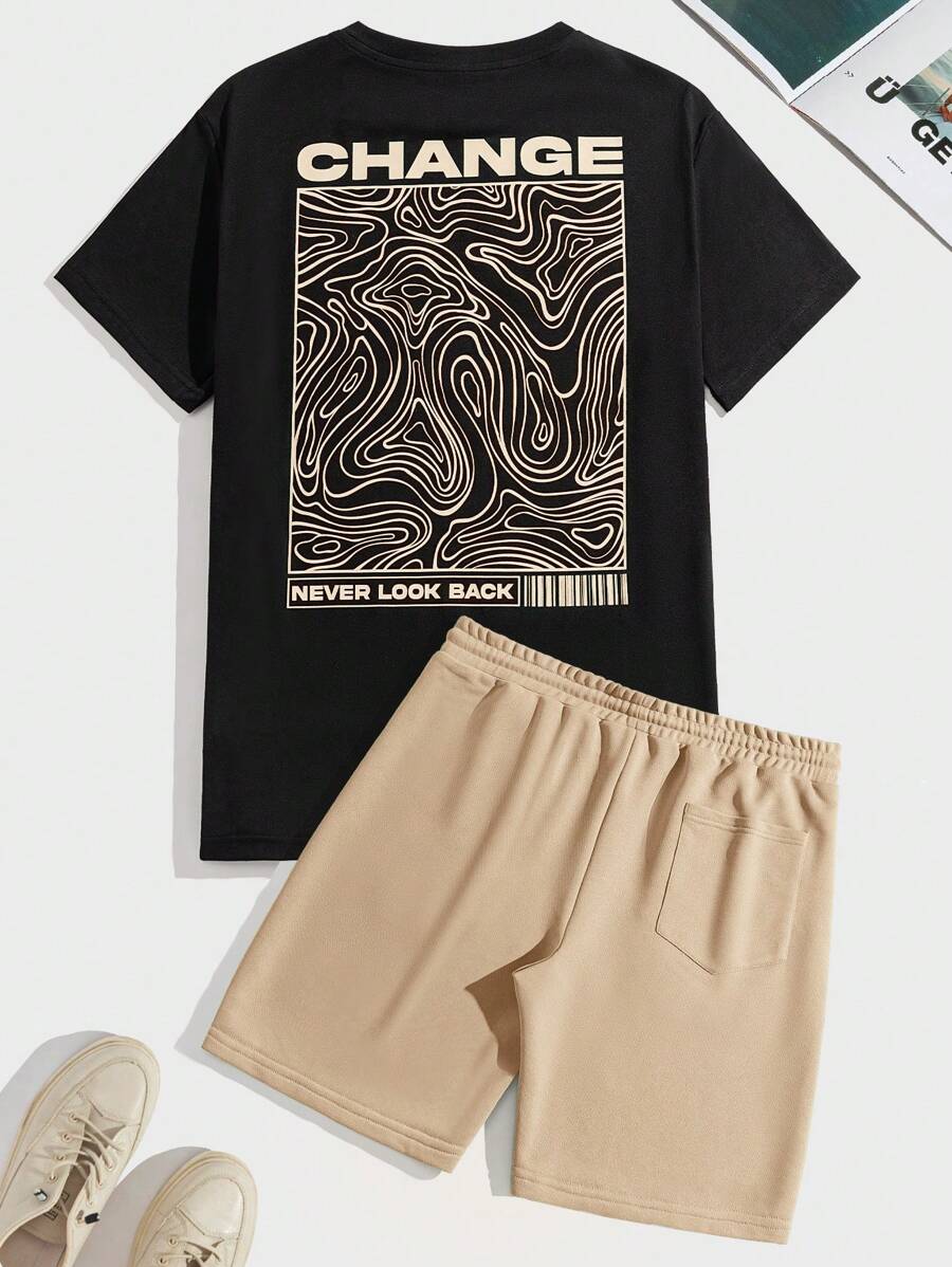 Manfinity VCAY Men Slogan Graphic Tee & Drawstring Waist Shorts Summer Outfit - Khaki - View 1