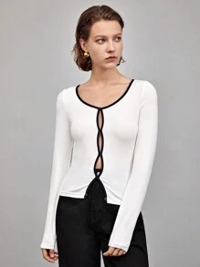 BizChic Contrast Binding Button Front Tee - White - View 9