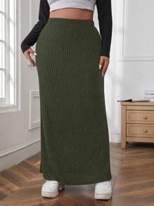 Flirla Plus Solid Ribbed Knit Maxi Skirt - Army Green - View 5