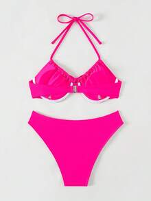 Tie Front Underwire Bikini Set - Hot Pink - View 2