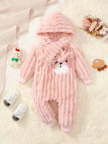Bebé niña con bordado de dibujos animados con capucha de peluche Mono & Bolso - Rosa - Ver 1