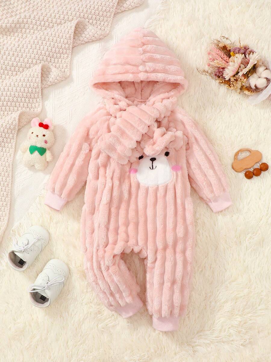 Bebé niña con bordado de dibujos animados con capucha de peluche Mono & Bolso - Rosa - Ver 1