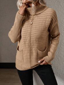 SHEIN Essnce Turtleneck Dual Pocket Drop Shoulder Sweater - Khaki - View 3
