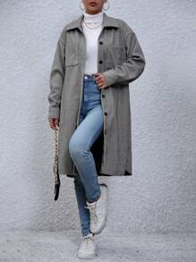 Chiquease Drop Shoulder Pocket Patched Overcoat Fall Cloth For Women - Dark Grey - View 6