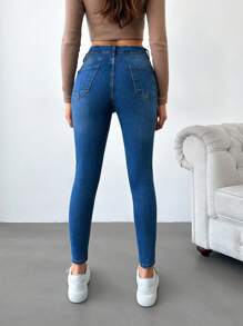 EURMUSE Pocket Detail Skinny Cropped Jeans - Blue - View 2