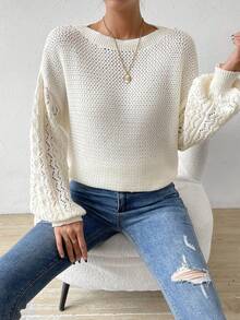 SHEIN LUNE Chất rắn Thả vai Dệt kim chấm bi Áo len - trắng - Xem 3