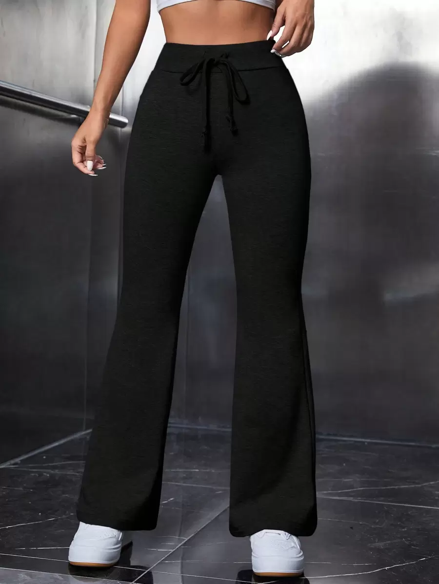 SHEIN PETITE Tie Waist Flare Leg Black Pants - Black - View 1