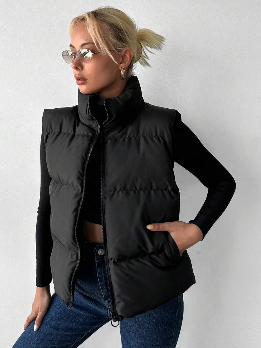 EURMUSE Zip Up Puffer Vest Coat - Black - View 1