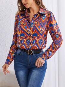 SHEIN Frenchy In Địa lý Nút phía trước Áo sơ mi - Màu xanh lam - Xem 5