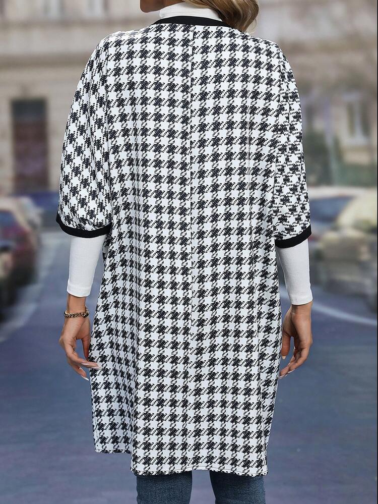 Houndstooth Batwing Sleeve Open Front Coat