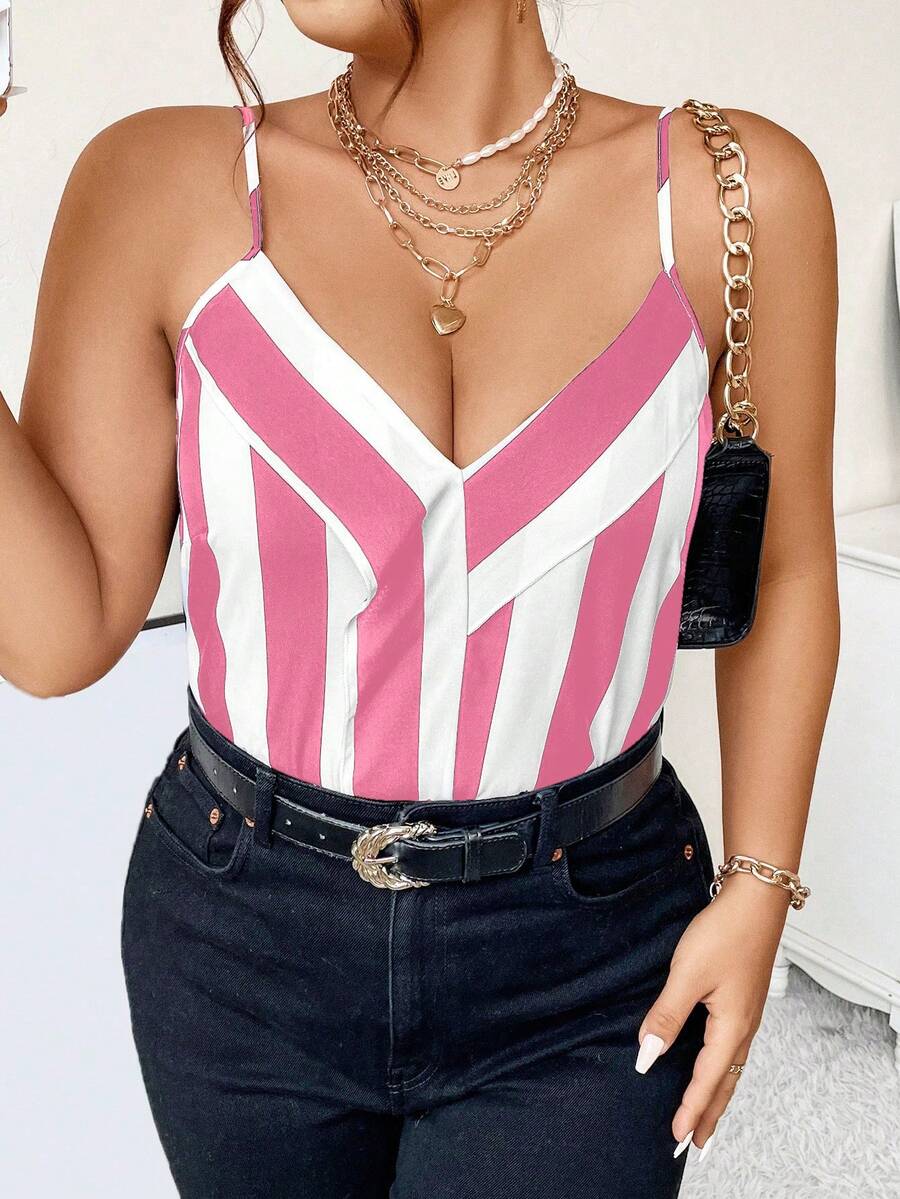 Calvaya 大碼條紋印花吊帶上衣 - 粉色 - 查看 1