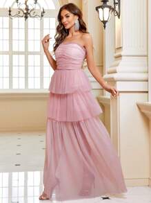 SHEIN Belle Ruched Bust Layer Hem Mesh Tube Bridesmaid Dress - Dusty Pink - View 4