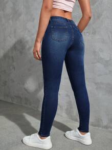 SHEIN Qutie Slant Pocket Skinny Jeans - Medium Wash - View 2