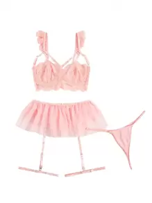 PetitDoll 5pack Floral Lace Underwire Garter Lingerie Set - Baby Pink - View 5