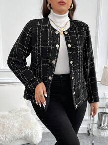 SHEIN Clasi Hơn Hoa văn kẻ sọc Nút phía trước Áo khoác - màu đen - Xem 3