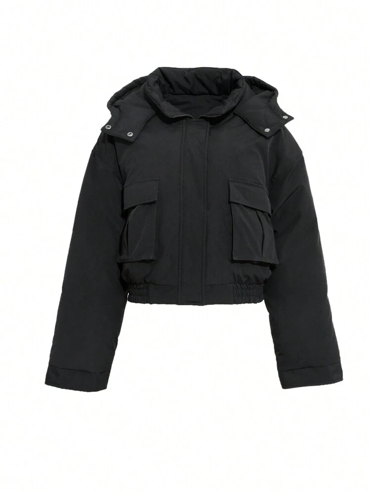 Flap Pocket Drop Shoulder Padded Pockets Coat, Women Winter Coat Jacket