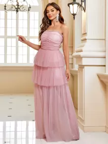 SHEIN Belle Ruched Bust Layer Hem Mesh Tube Bridesmaid Dress - Dusty Pink - View 7