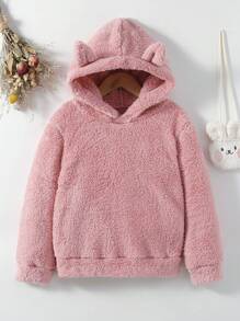 SHEIN 少女纯色3D耳朵设计泰迪熊卫衣 - 粉色 - 查看 1