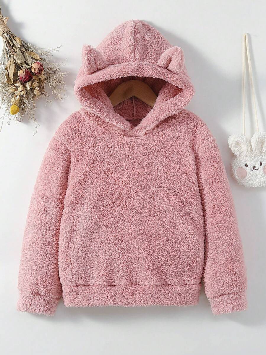 SHEIN 少女纯色3D耳朵设计泰迪熊卫衣 - 粉色 - 查看 1