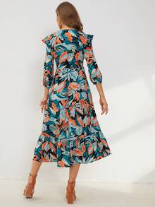 Tropical Print Ruffle Trim Lantern Sleeve Ruffle Hem Dress - Green - View 2