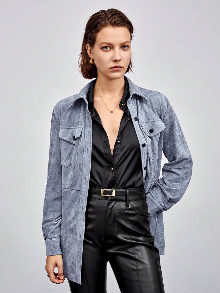 Flap Pocket Button Front Corduroy Coat