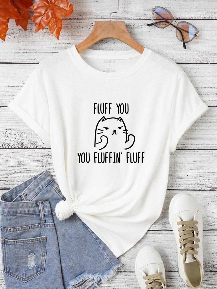 SHEIN Essnce Cartoon And Slogan Graphic Tee FLUFF YOU YOU FLUFFIN' FLUFF - White - View 1