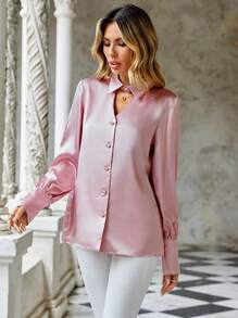 RueChic Solid Button Front Shirt - Pink - View 5