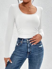 SHEIN PETITE 素色大圓領側收褶T恤 - 白色 - 查看 5