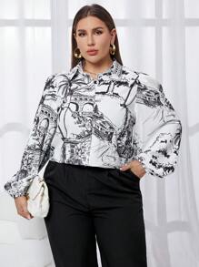 SHEIN Privé Plus Boat & Tree Print Lantern Sleeve Shirt - Multicolor - View 5