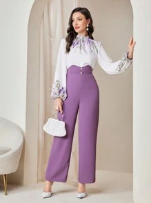 Modelyn Floral Printed Lantern Sleeve Shirt & High-Waisted Wide-Leg Pants 2 Pieces Set - Multicolor - View 1