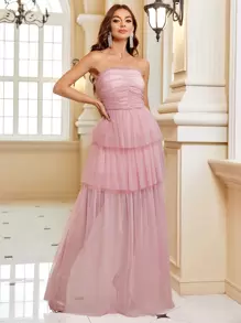 SHEIN Belle Ruched Bust Layer Hem Mesh Tube Bridesmaid Dress - Dusty Pink - View 3